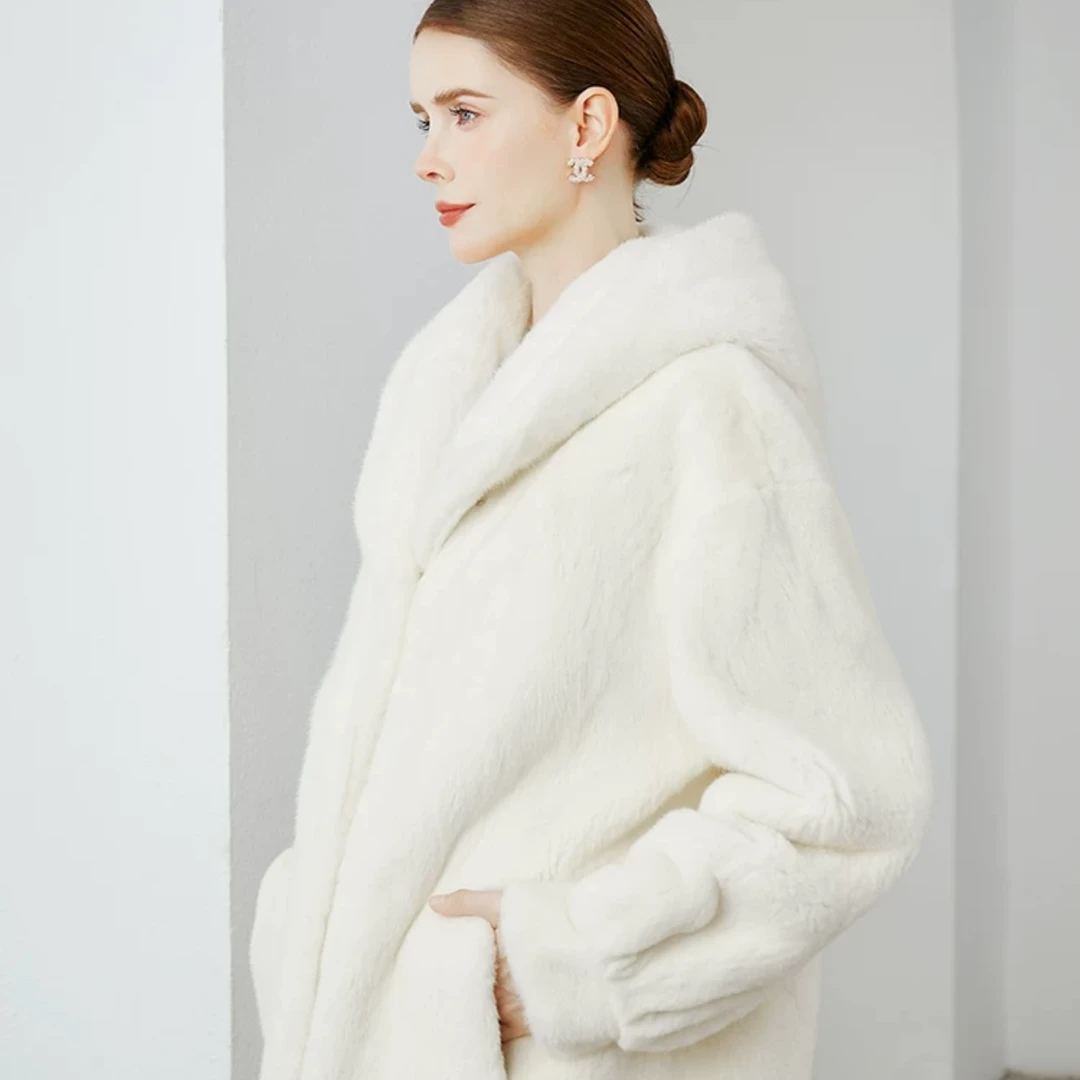 【加厚正版】2025海宁冬款110厘米加长加厚连帽皮毛一体外套