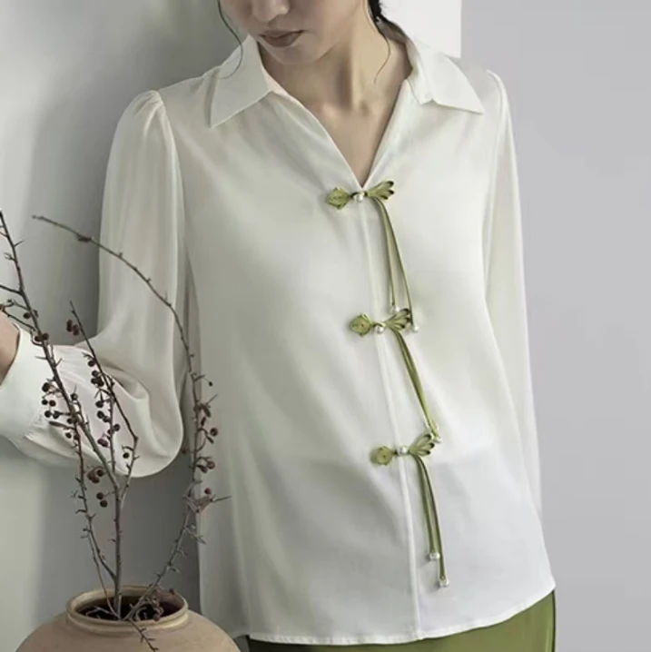 新中式19姆米桑蚕丝衬衫上衣长袖修身纯色时尚女士 LW  1375