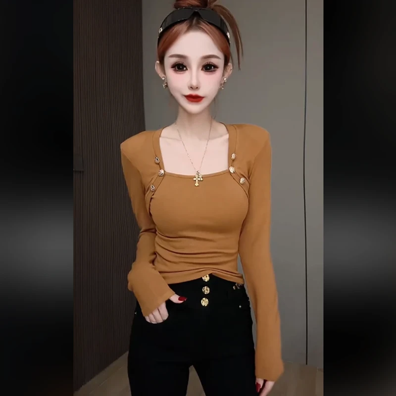 方领打底衫女秋冬季内搭修身显瘦气质洋气设计感长袖t恤百搭上衣