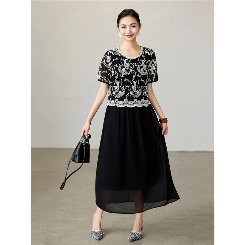 DUCURNO蕾丝拼接雪纺连衣裙女夏季新款法式刺绣气质假两件长裙子