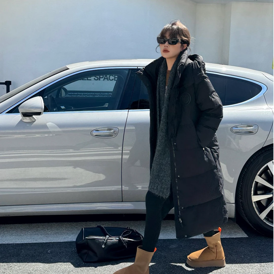 2024新款中长款羽绒服女时尚宽松保暖过膝连帽外套7007