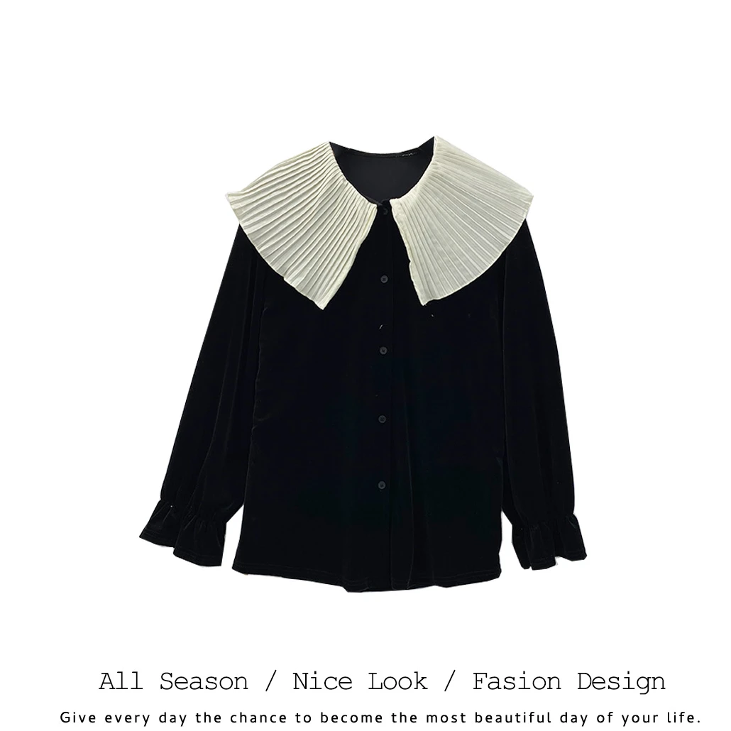 409     时尚黑色丝绒拼接撞色百褶百搭圆领长袖      款号#1005