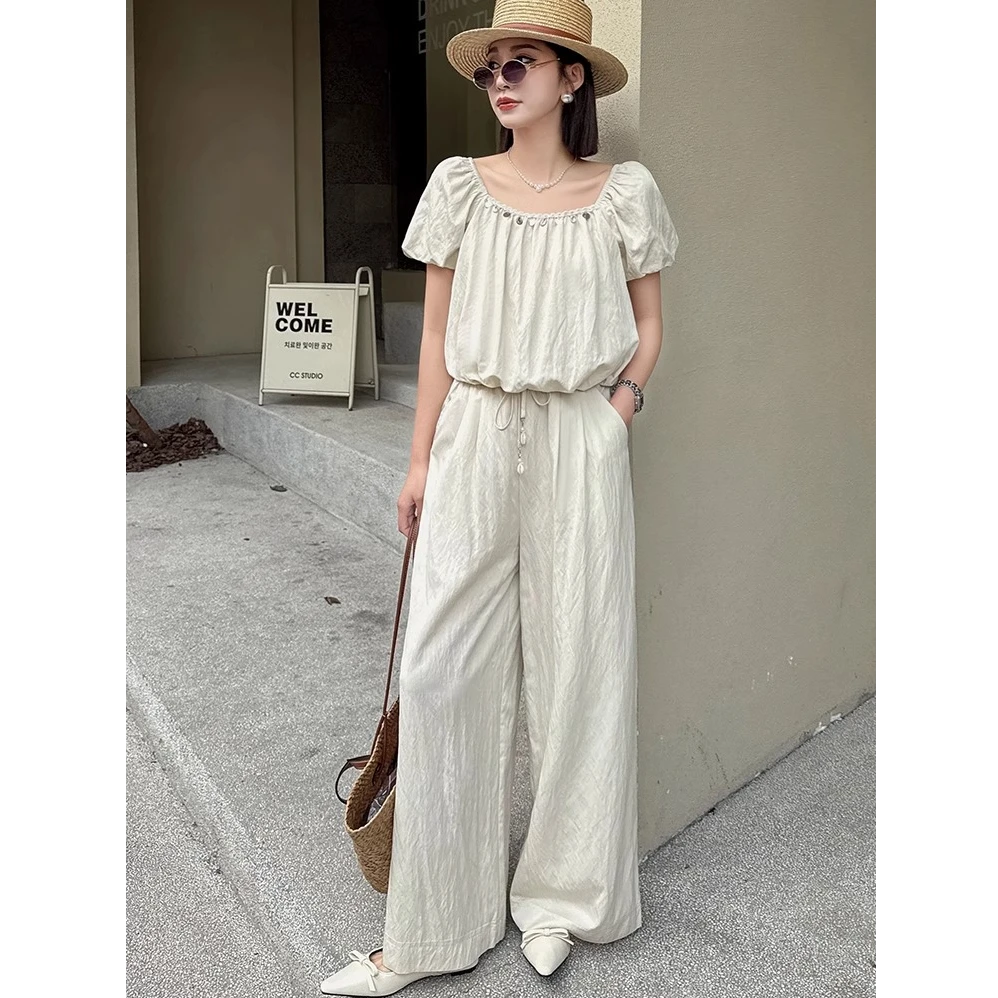 时尚阔腿裤套装女夏薄2025年夏季新气短款上衣时尚冰丝垂感两件套