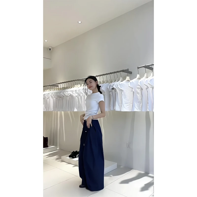 2025短袖t恤正肩白色内搭打底上衣喇叭牛仔裤深蓝色高腰阔腿长裤