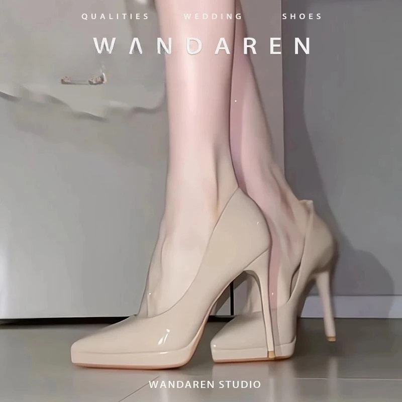 通勤裸色浅口高跟鞋女细跟2025款防水台不累脚单鞋气质尖头职业鞋