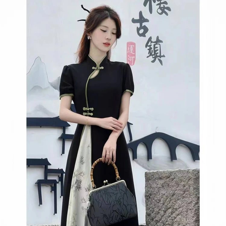 大码精致禅意拼接女夏装新中式新款连衣裙复古国风绝美裙子1493