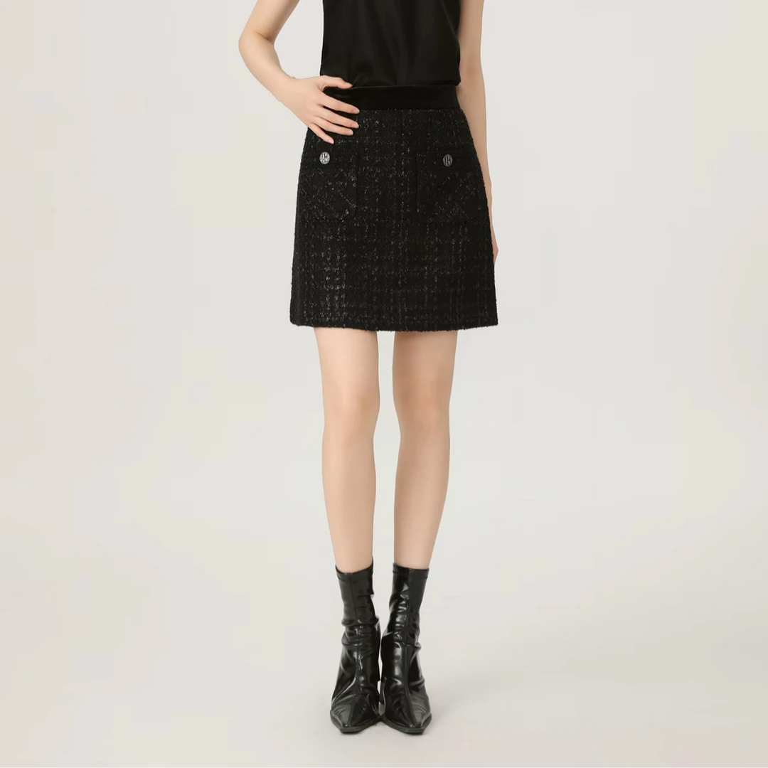 AMASS/阿玛施黑色半身裙时尚流苏百搭裙子通勤直筒裙短裙520035