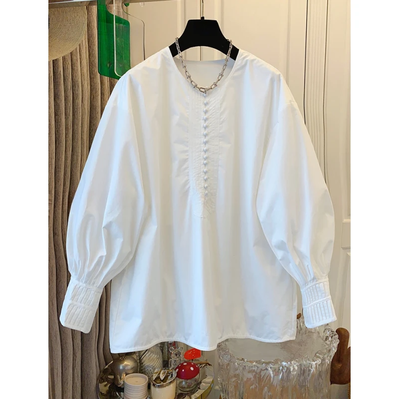 独特超好看法式气质灯笼袖褶皱休闲白衬衫宽松上衣女2025春季新款