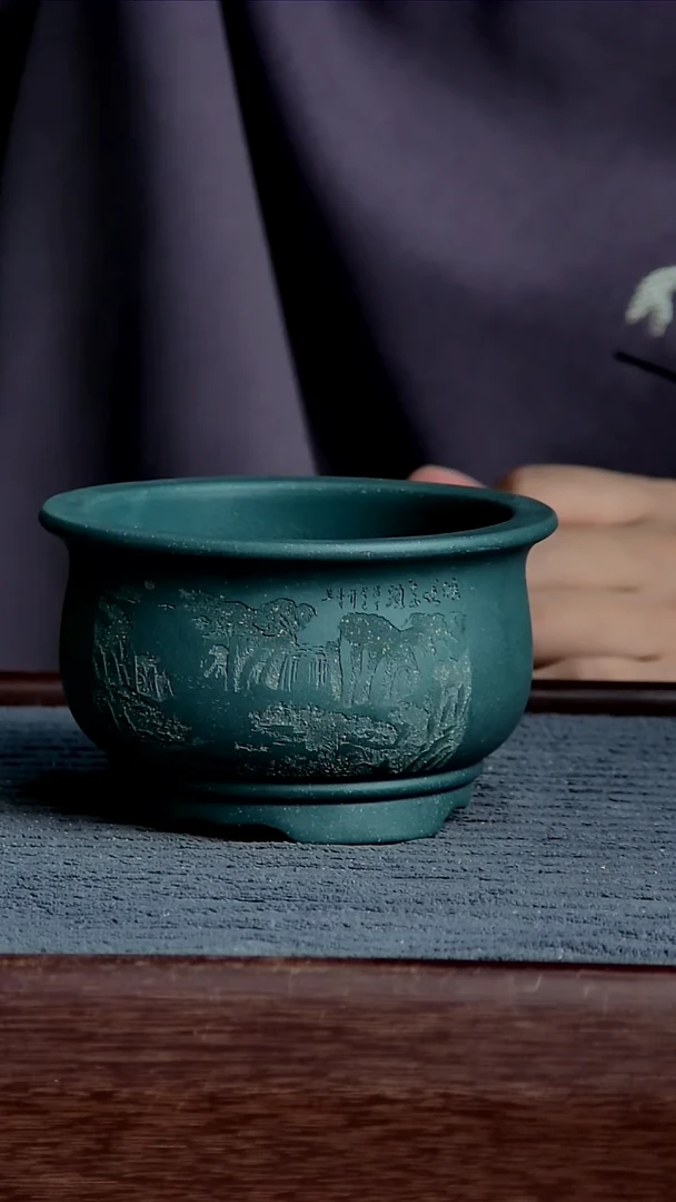 紫砂花盆9.5*6内径尺寸 青