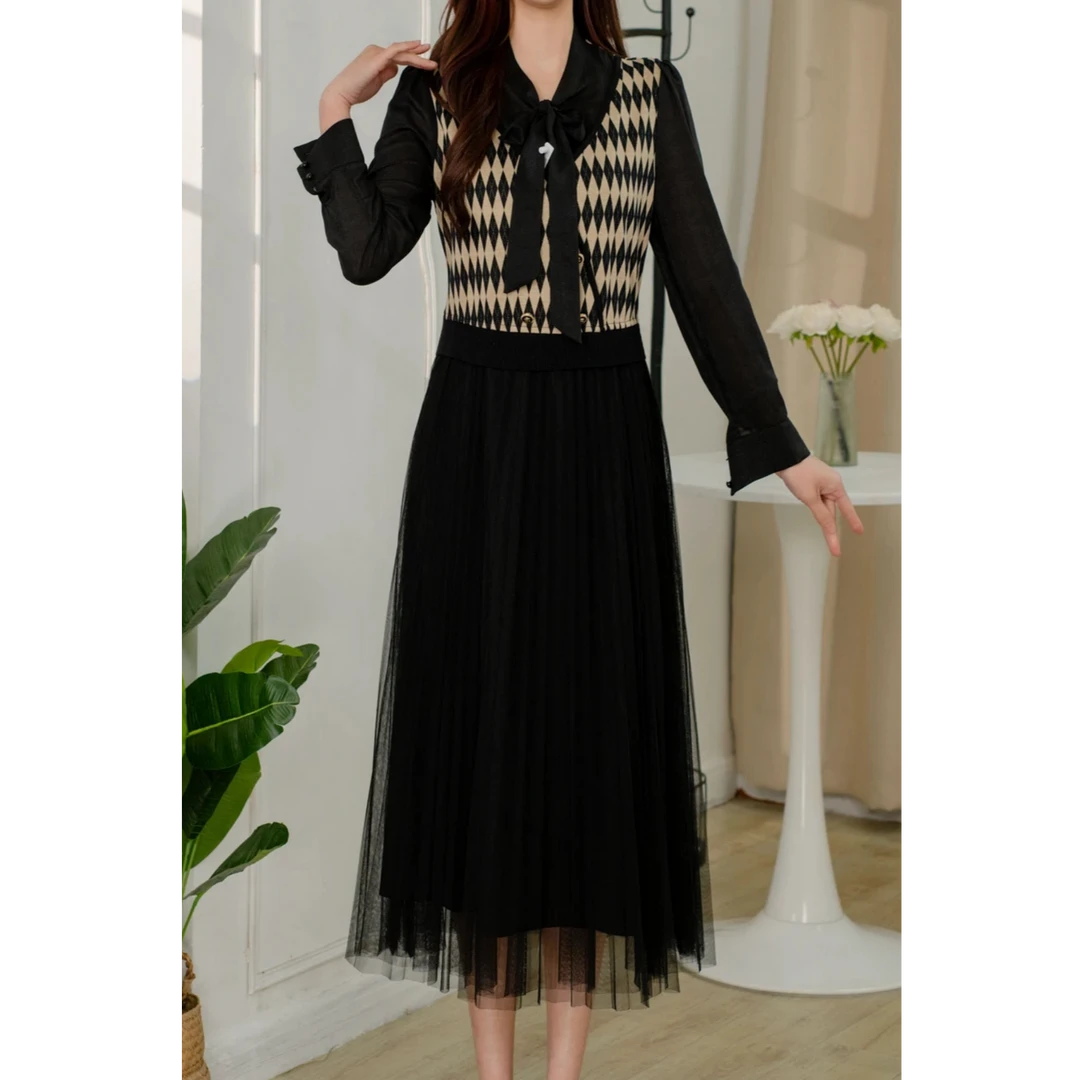 JIRUIMAN/吉瑞曼时尚菱形格收腰显瘦中长款连衣裙Q520