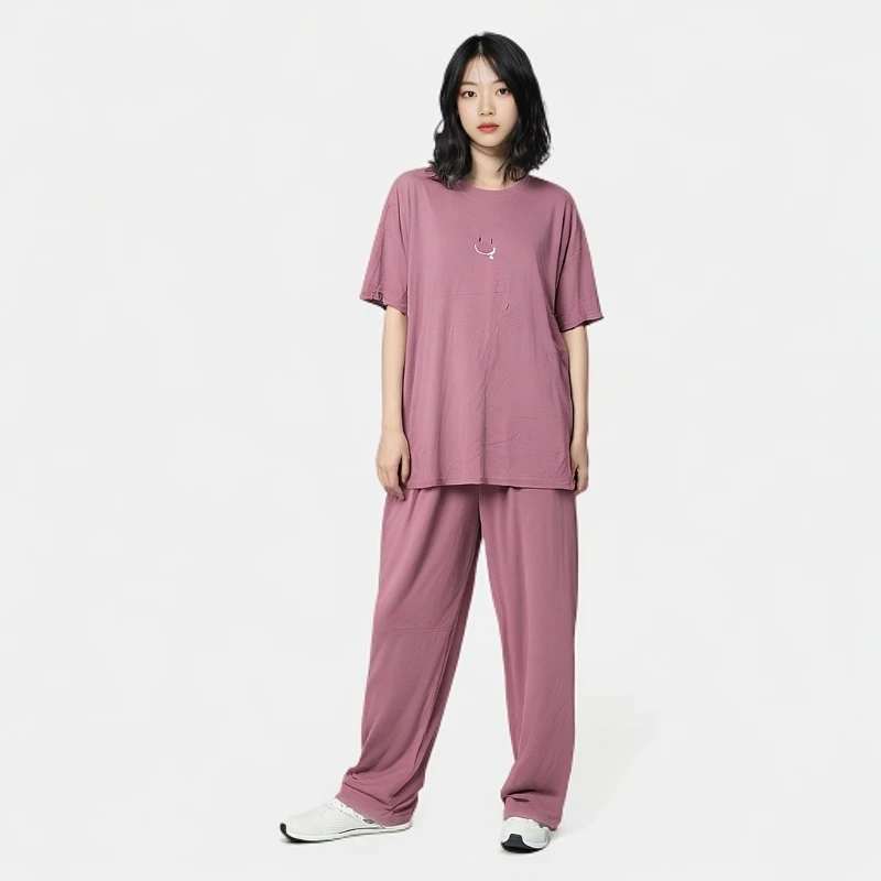 T5592皮粉色超舒适笑脸家居服睡衣可外穿短袖长裤链接JH
