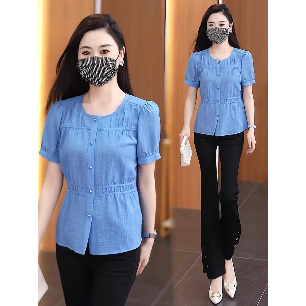 时尚圆领衬衫女2025夏季新款洋气显瘦小众百搭休闲纯色短袖上衣潮