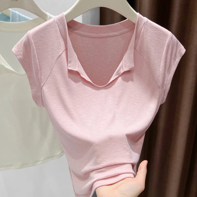 设计感V领粉色短袖t恤女2025夏季气质翻领修身显瘦减龄洋气上衣
