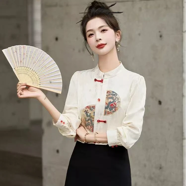 新中式国风衬衫女2025春秋季新款时尚衬衣刺绣上衣今年流行小衫