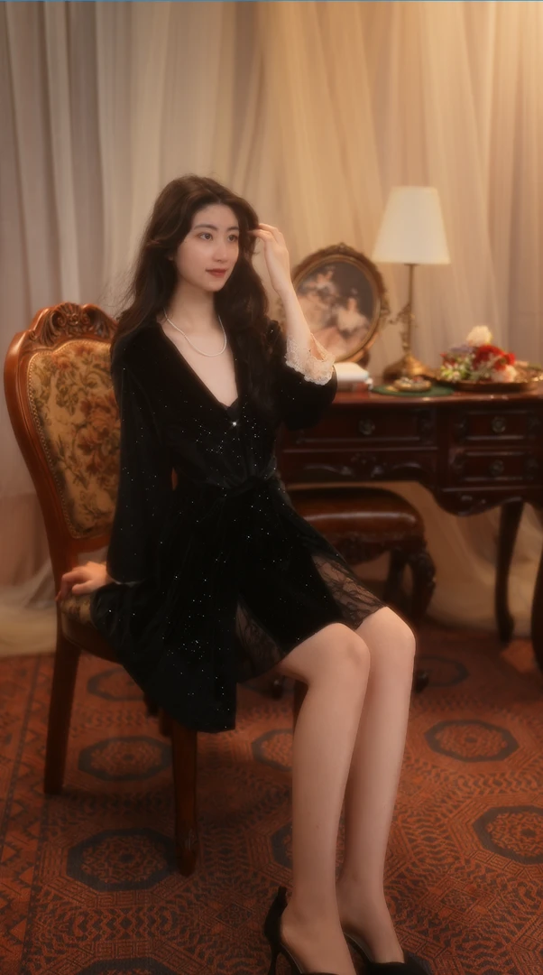 【丝绒外袍】性感法式睡衣纯欲丝绒显瘦蕾丝美背睡衣女家居服