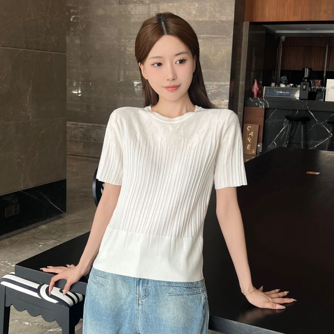 【华依素】夏季显瘦短袖圆领上衣针织衫白色薄款纯色女装时尚休闲