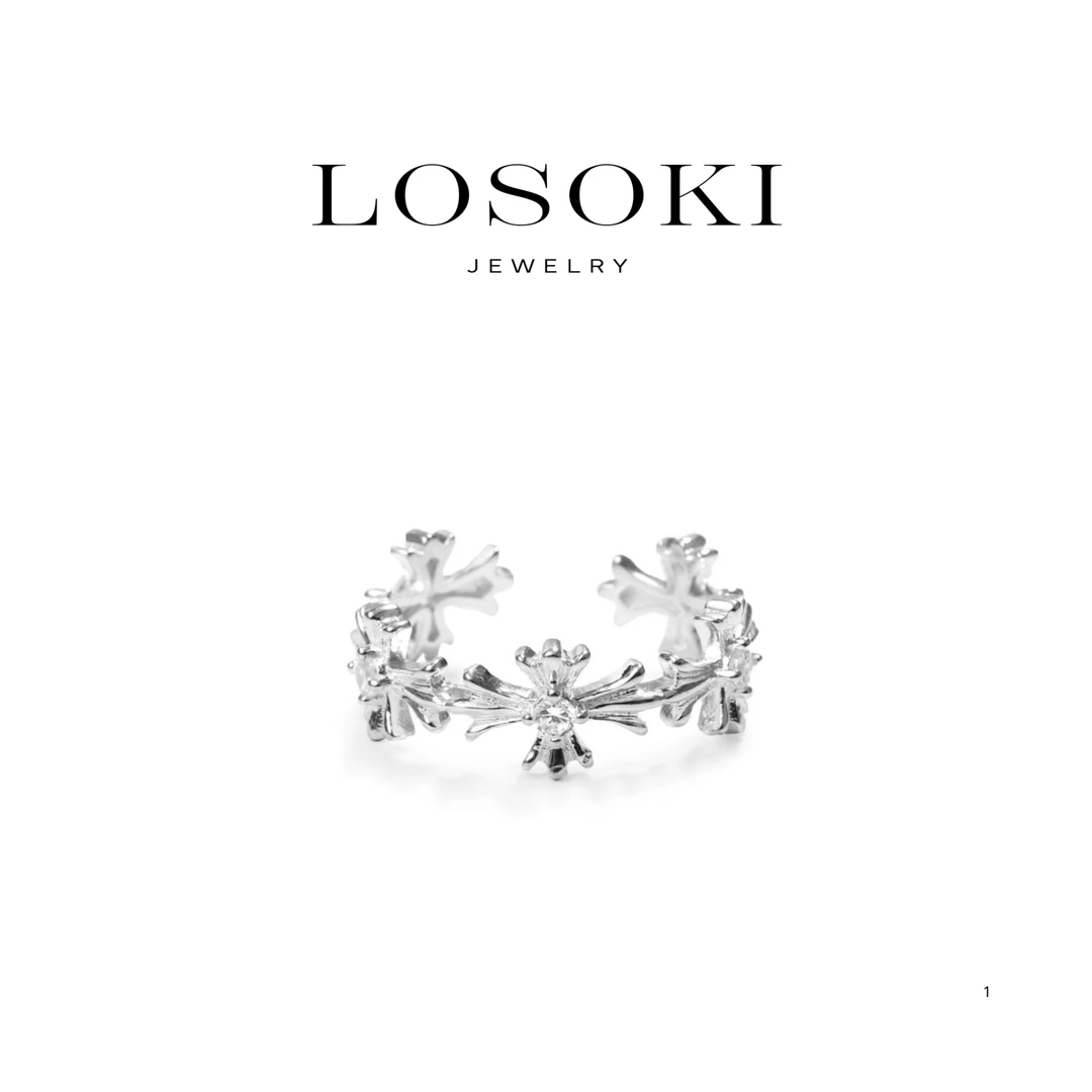 铜合金合成锆石戒指 瑞士LOSOKI十字架戒指女小众高级感复古指环