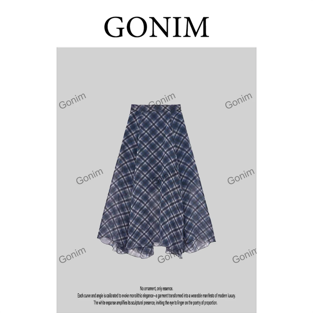 Gonim·"格影漫舞"2025夏季新款裙子格纹时尚感女中长款长裙