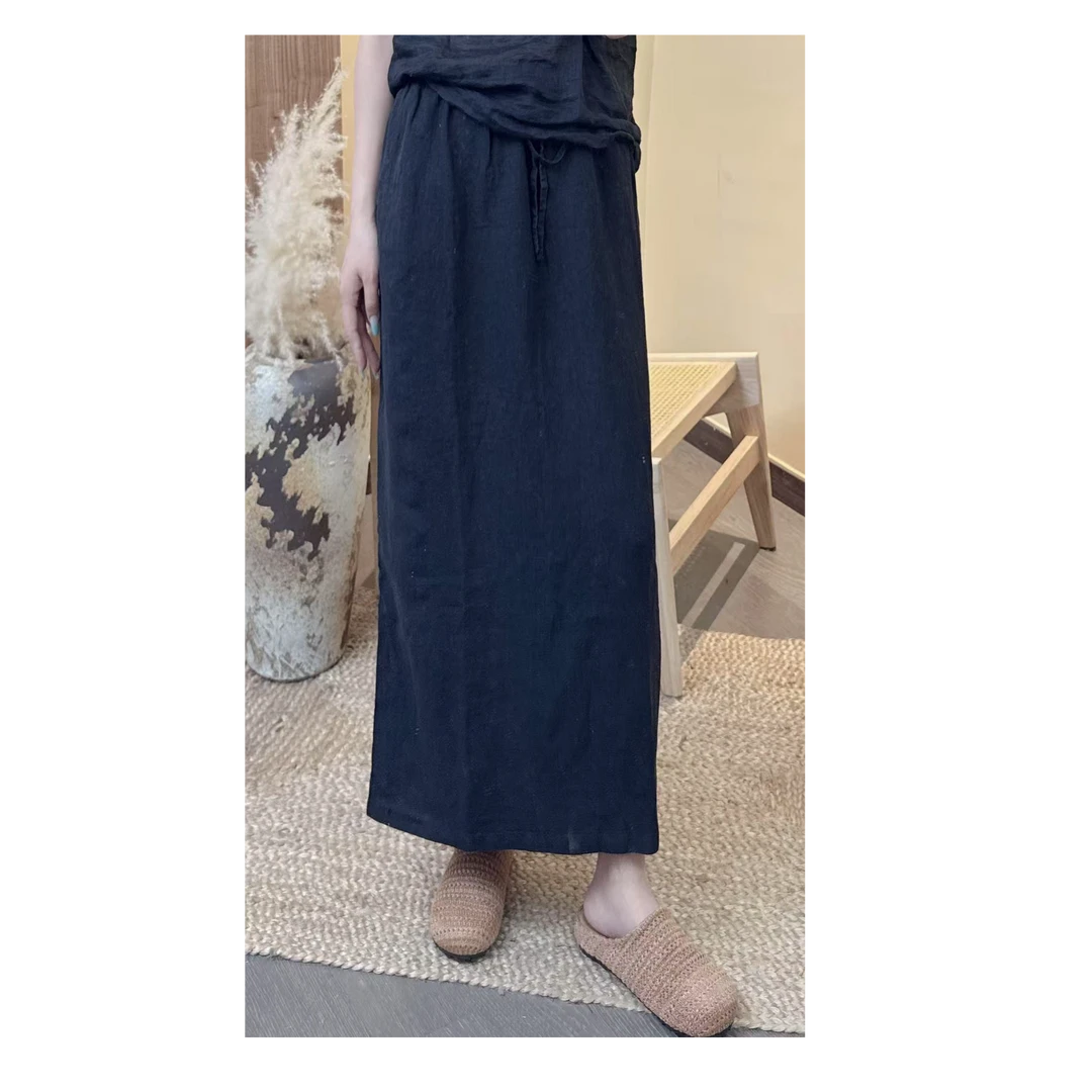 202夏季砂洗纯汉麻极简风松紧腰半身步裙651