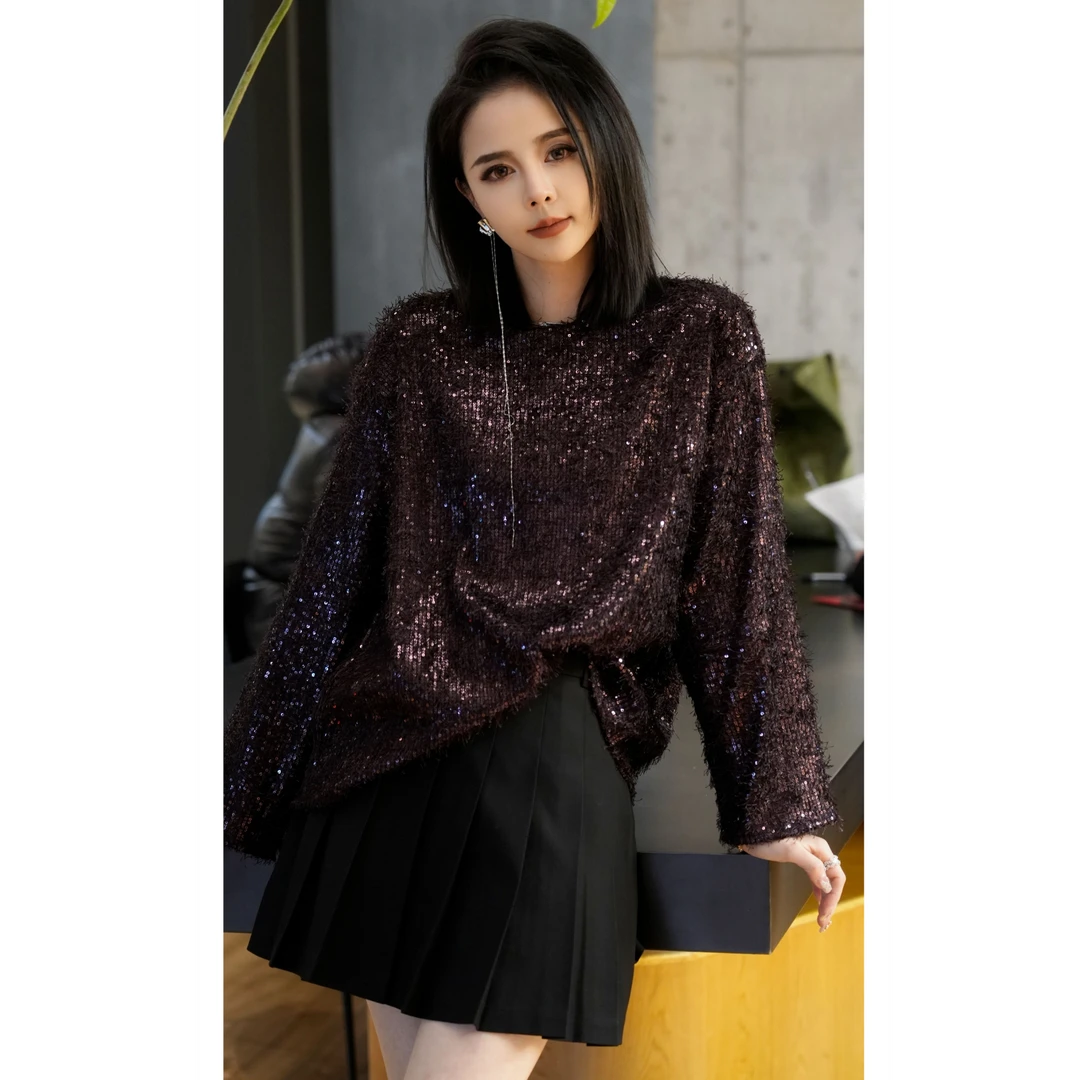 POPULARYW【紫夜星河】Z·R上品屋 时髦个性亮片细闪圆领上衣蕾丝