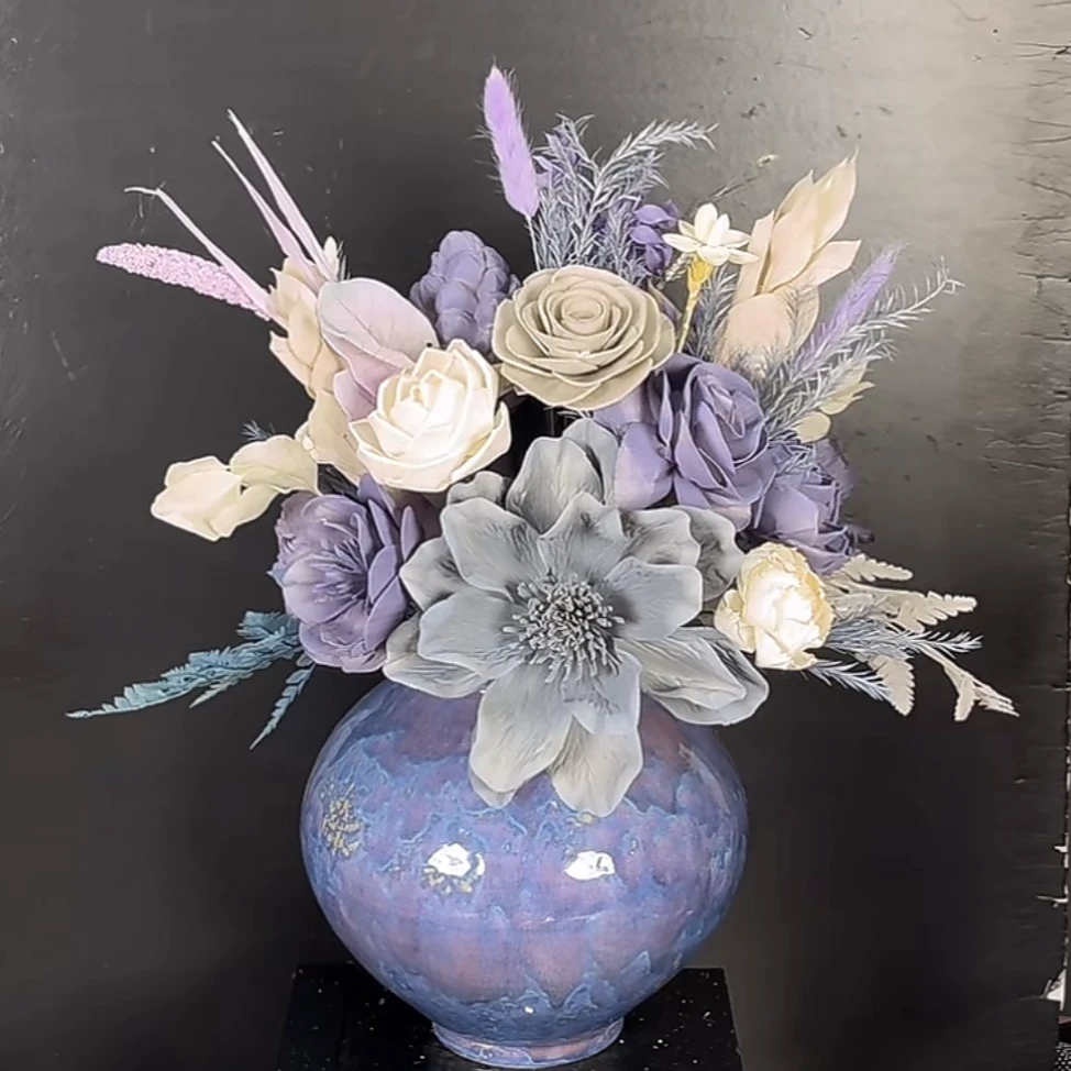 紫灰色系花束 360度观赏餐桌花 通草花永生花家居摆件