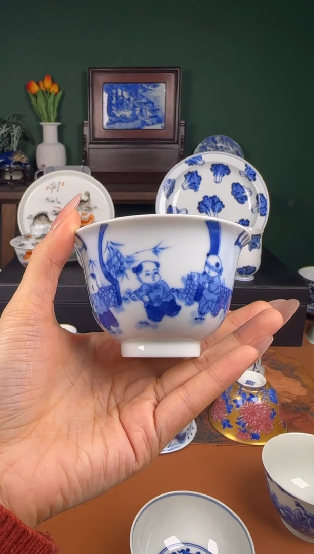 【闪购商品】杯福利。青花 童子。撇口杯