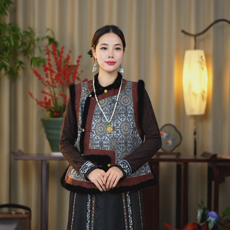 【福瑞厚款】锦莨香云纱新国风马甲桑蚕丝水貂毛加厚新中式女装日常