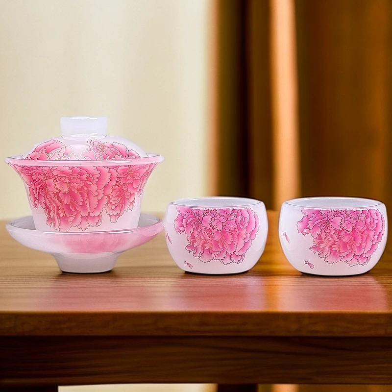 琉璃粉牡丹花盖碗+两杯ZH93