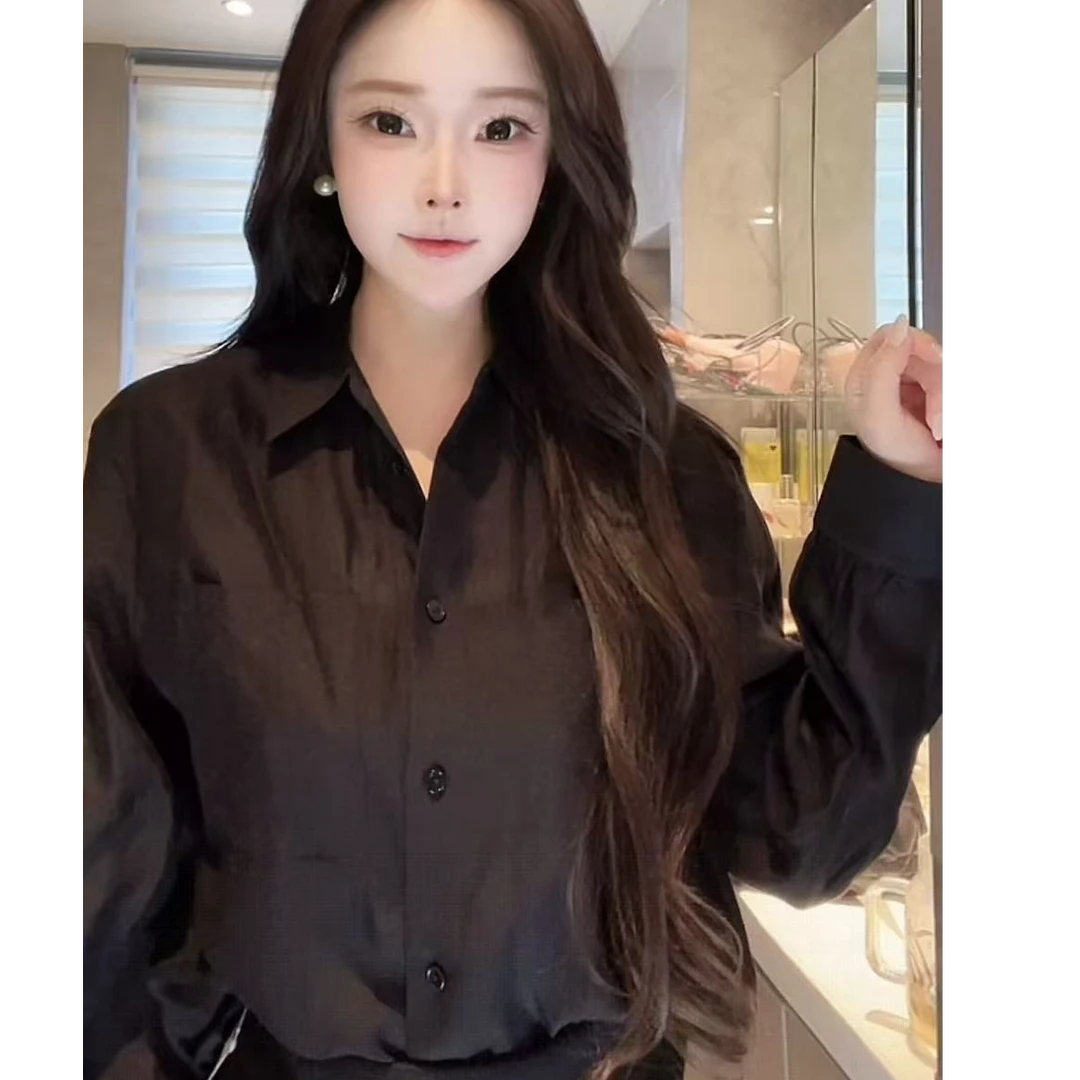 黑色 醋酸亚麻翻领长袖衬衫 W25110732