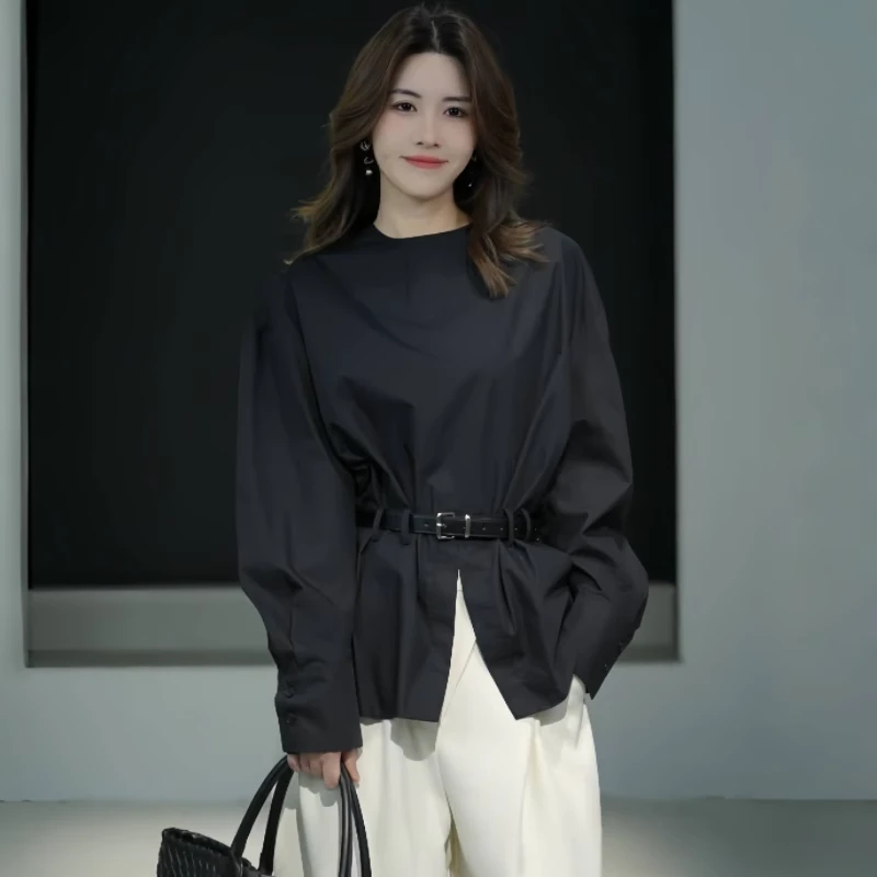 高级感时尚圆领衬衫女春秋新款气质宽松长袖小衫下摆开叉收腰上衣