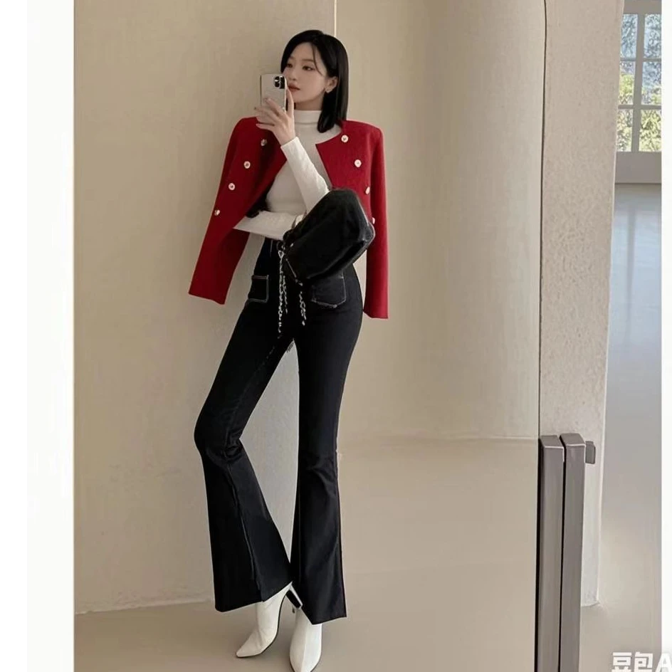 韩系高腰微喇叭牛仔黑灰高腰显瘦百搭61020