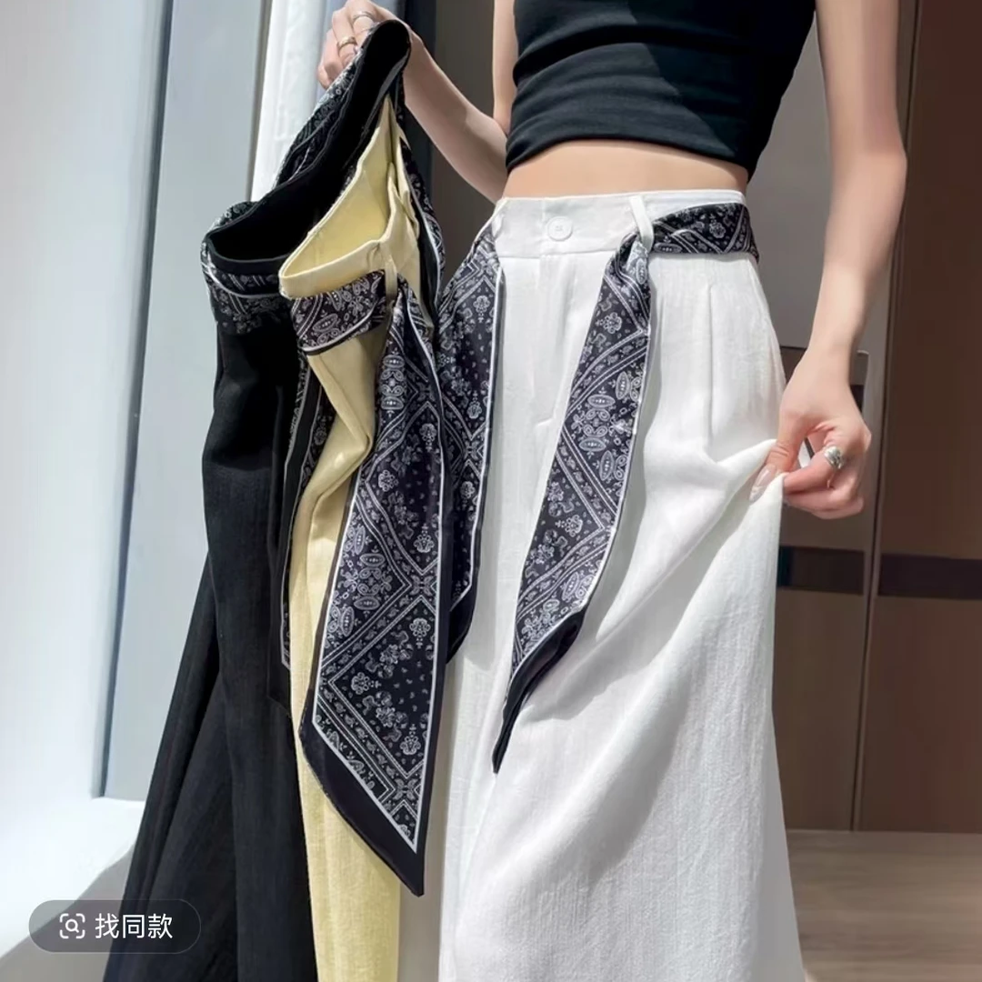 【运费险+丝带+现货】系带棉麻冰丝裤子女夏季薄款2025新款拖地直筒