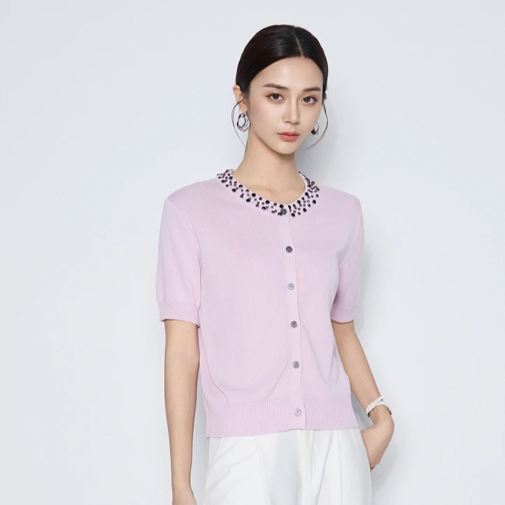 【粉丝专属】杏色圆领钉珠针织开衫短袖小衫上衣时尚女VHS999SWH0
