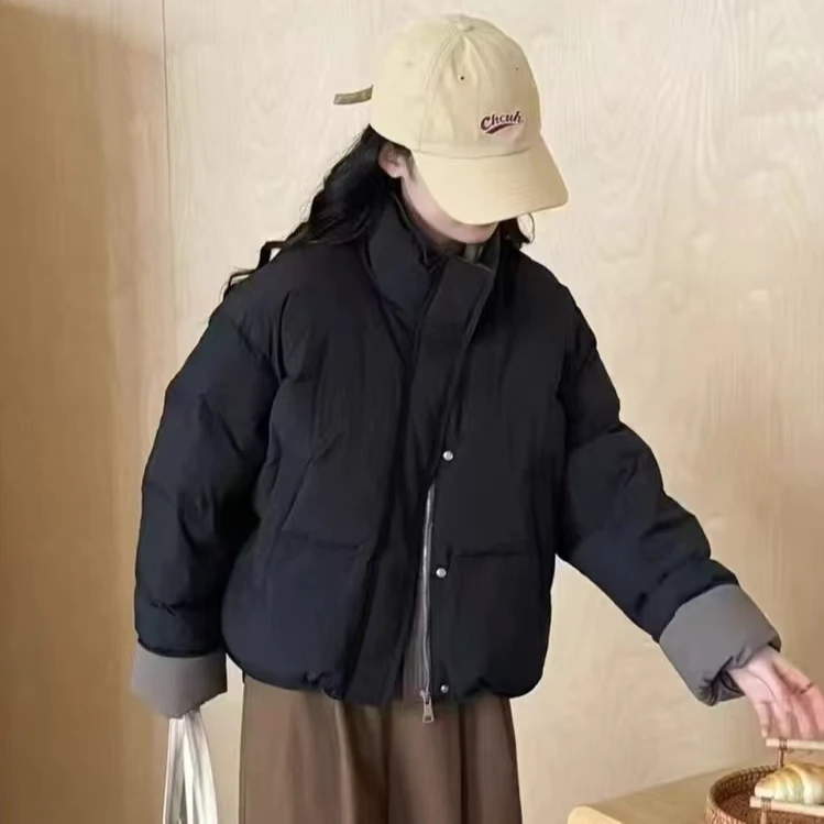 袖口撞色拼接羽绒服女新款小个子外套韩版潮冬季立领鸭绒保暖短款