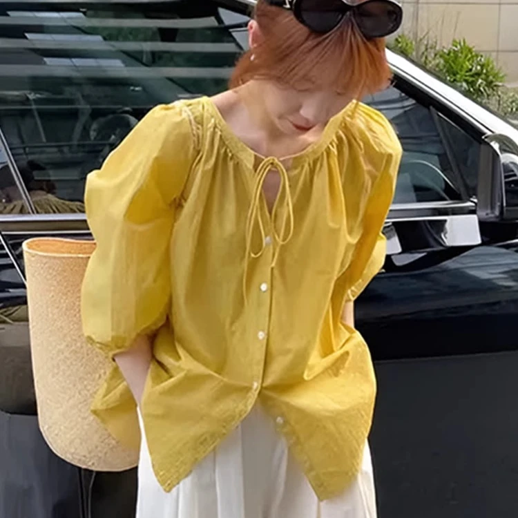 1160薄款黄色绑带蝴蝶结v领长袖衬衫新款女夏季宽松气质防晒上衣
