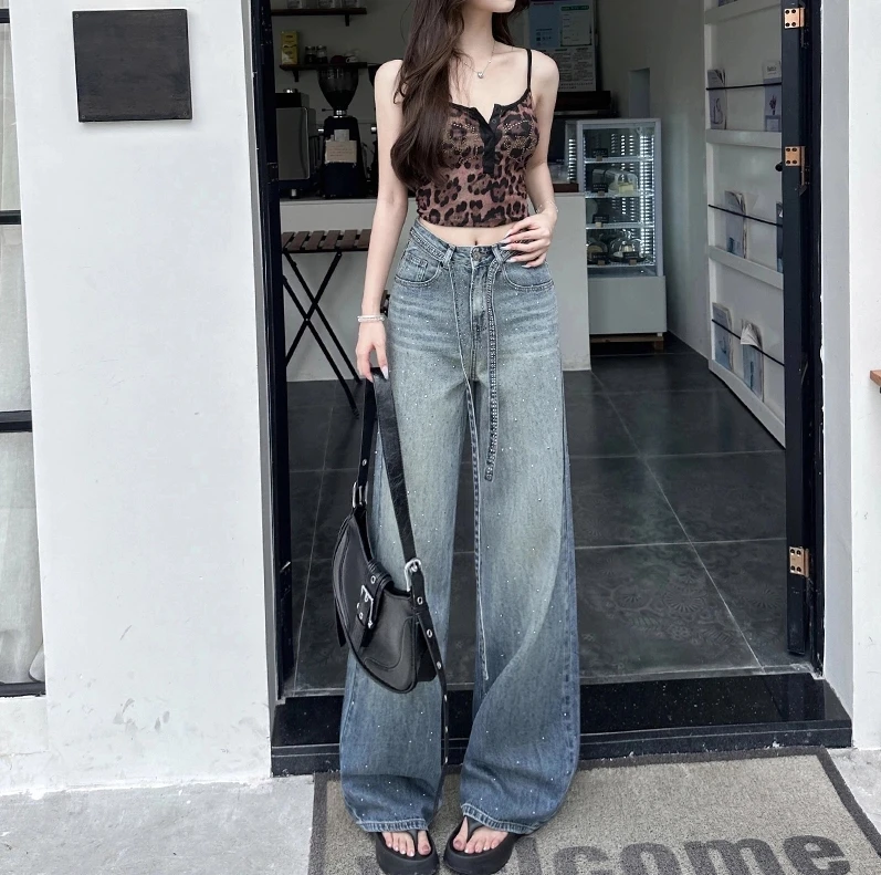 【运费险+腰带】渐变色满天星烫钻夏季薄款宽松阔腿牛仔裤