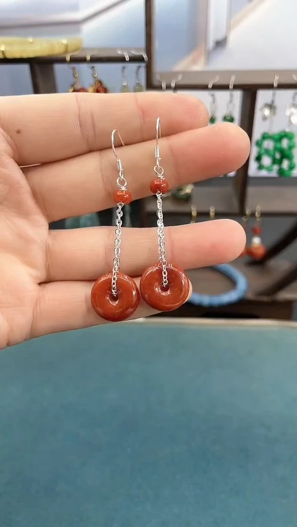 银S925镶嵌翡翠耳饰红色平安扣耳钩