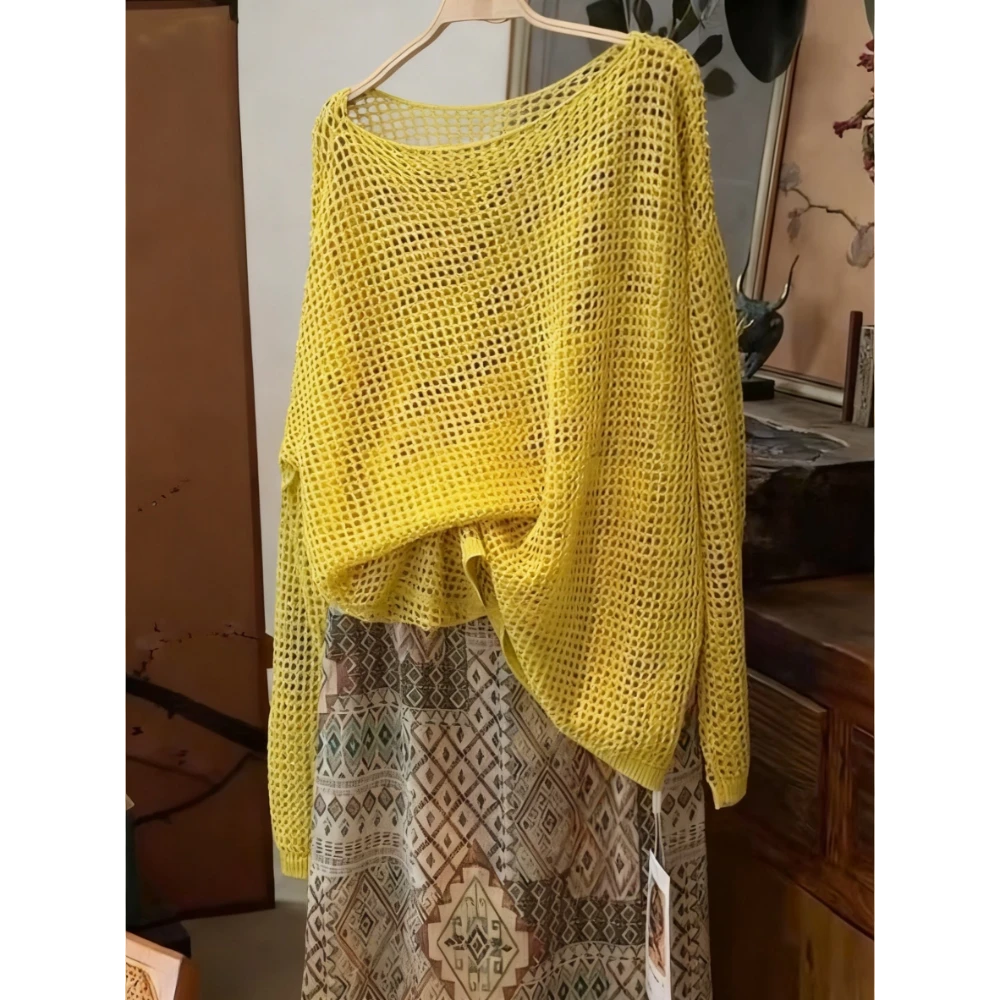 太搭了吧，上身绝美！黄色镂空针织衫女长袖t恤高级感好看百搭上衣
