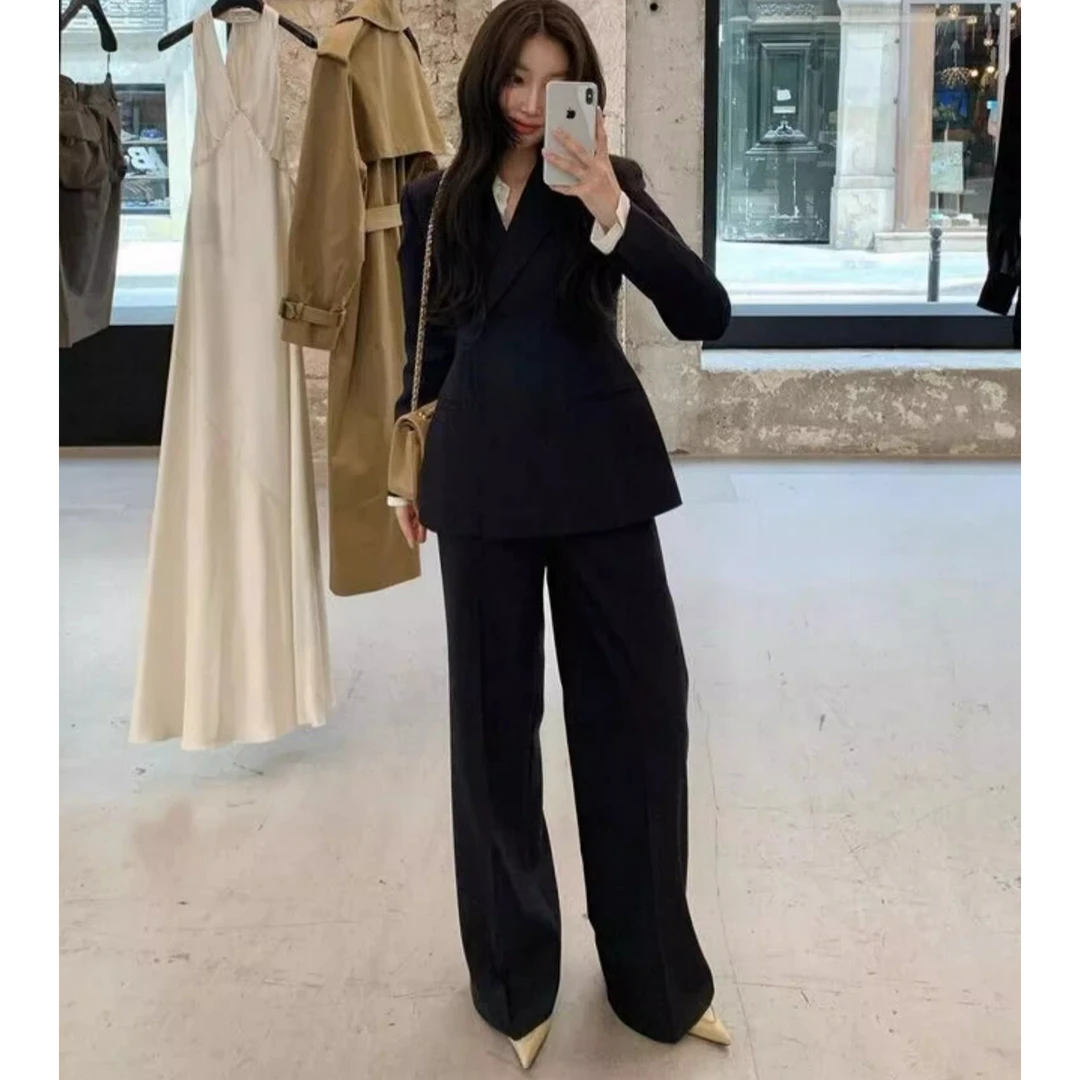大码修身气质黑色西装套装女胖mm秋冬新款洋气小西服阔腿裤两件套