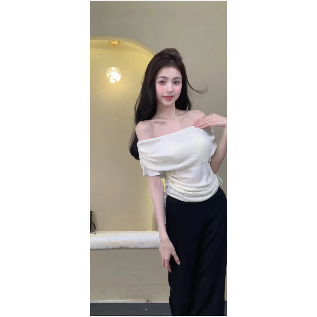 一字肩辣妹褶皱短袖T恤女夏季修身显瘦内搭白色气质上衣