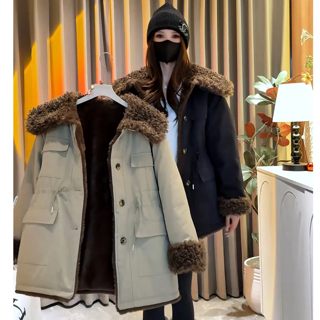 （羽妮）冬季新款加毛加厚保暖外套2025女款时尚休闲中长款派克服
