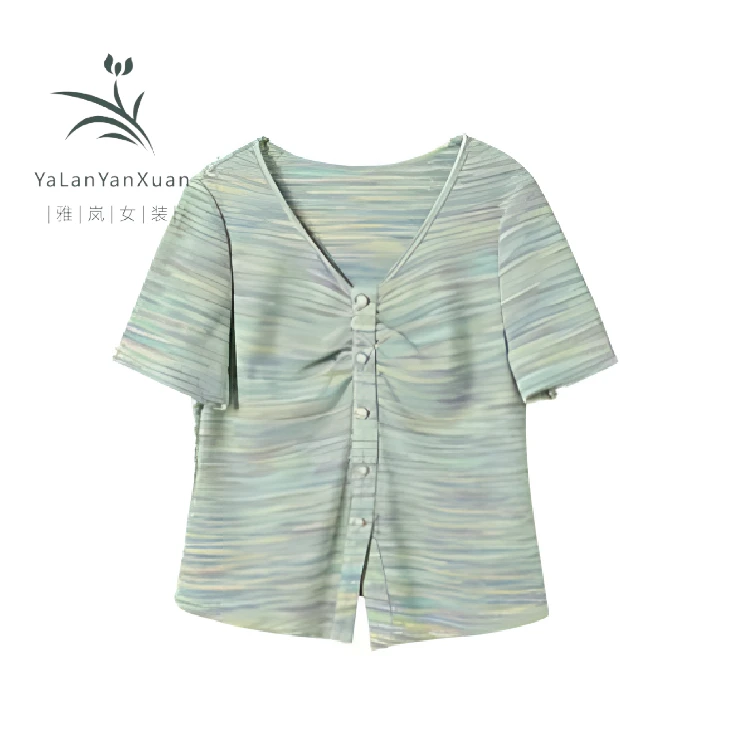 【雅岚女装】时尚洋气显瘦夏季新款晕染领短袖T恤小衫套华夫格