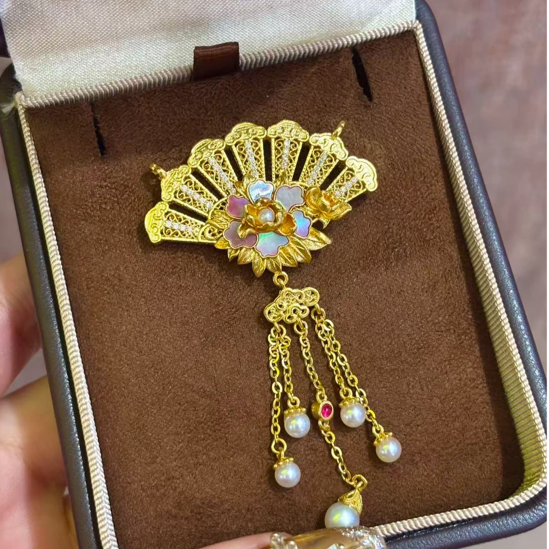 【伟新源】足金999 镶嵌工艺  螺钿流萤扇子17.96克（不含链）附加554