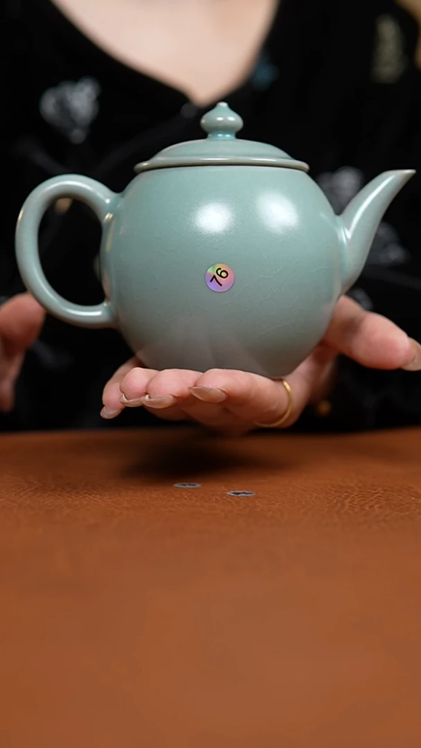 瓷片仿古翡翠绿全手工官帽壶微瑕76