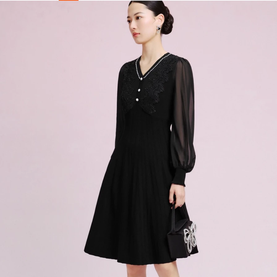 【婷婷专属】千金名媛蕾丝灯笼袖针织洋装长袖高级感收腰连衣裙