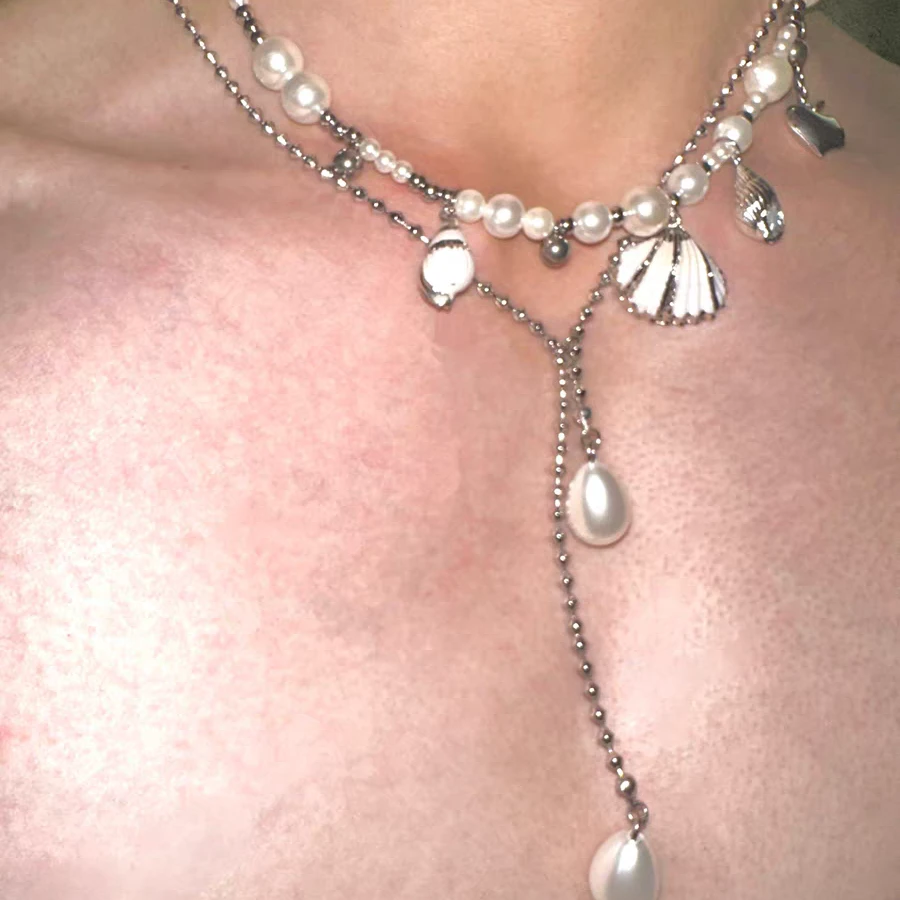 钛钢项链 ALONEMOON原创 海洋系列 珍珠贝壳钛钢重工叠戴基础项链