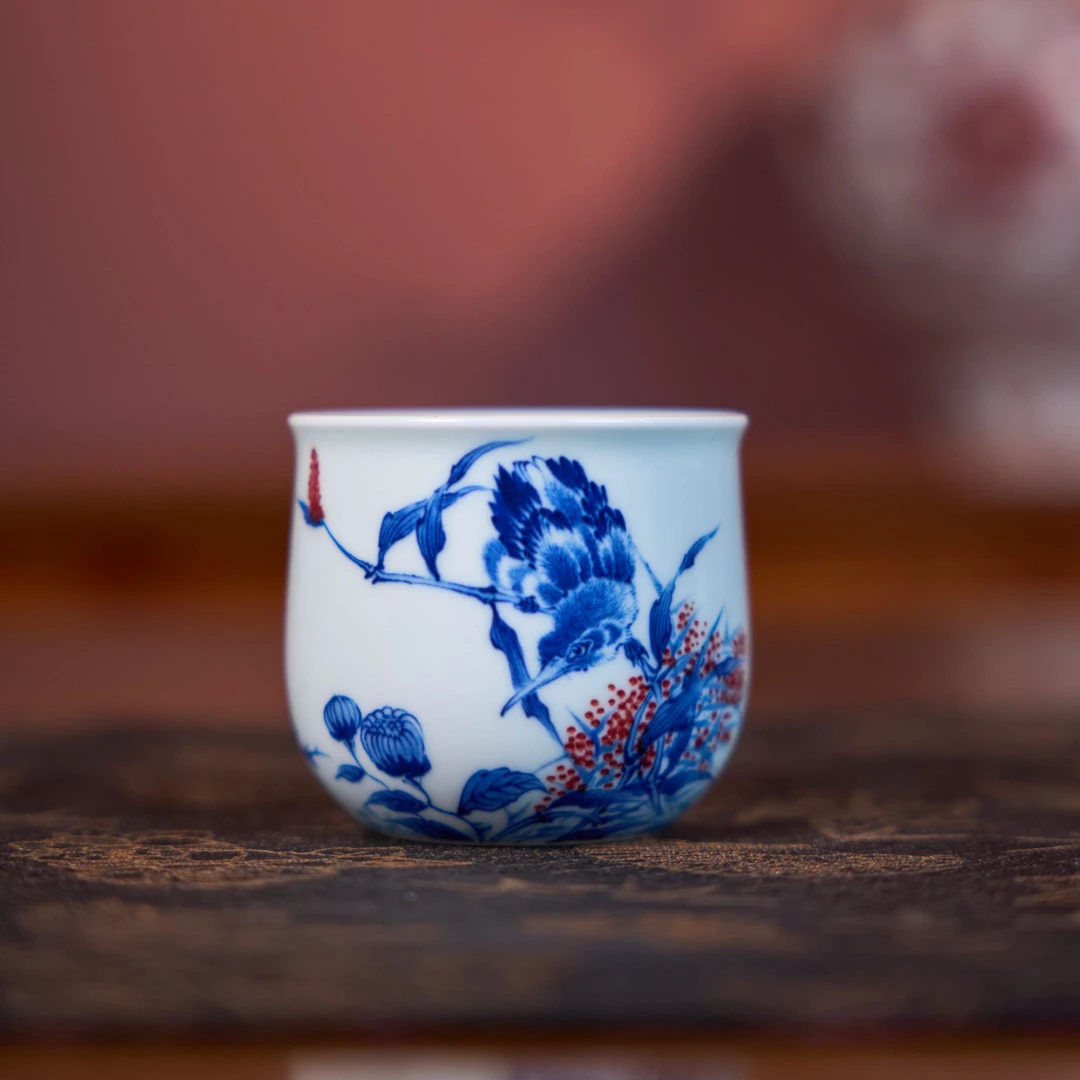 黄娟窑 · 釉里红单翠布袋杯景德镇纯手工手绘