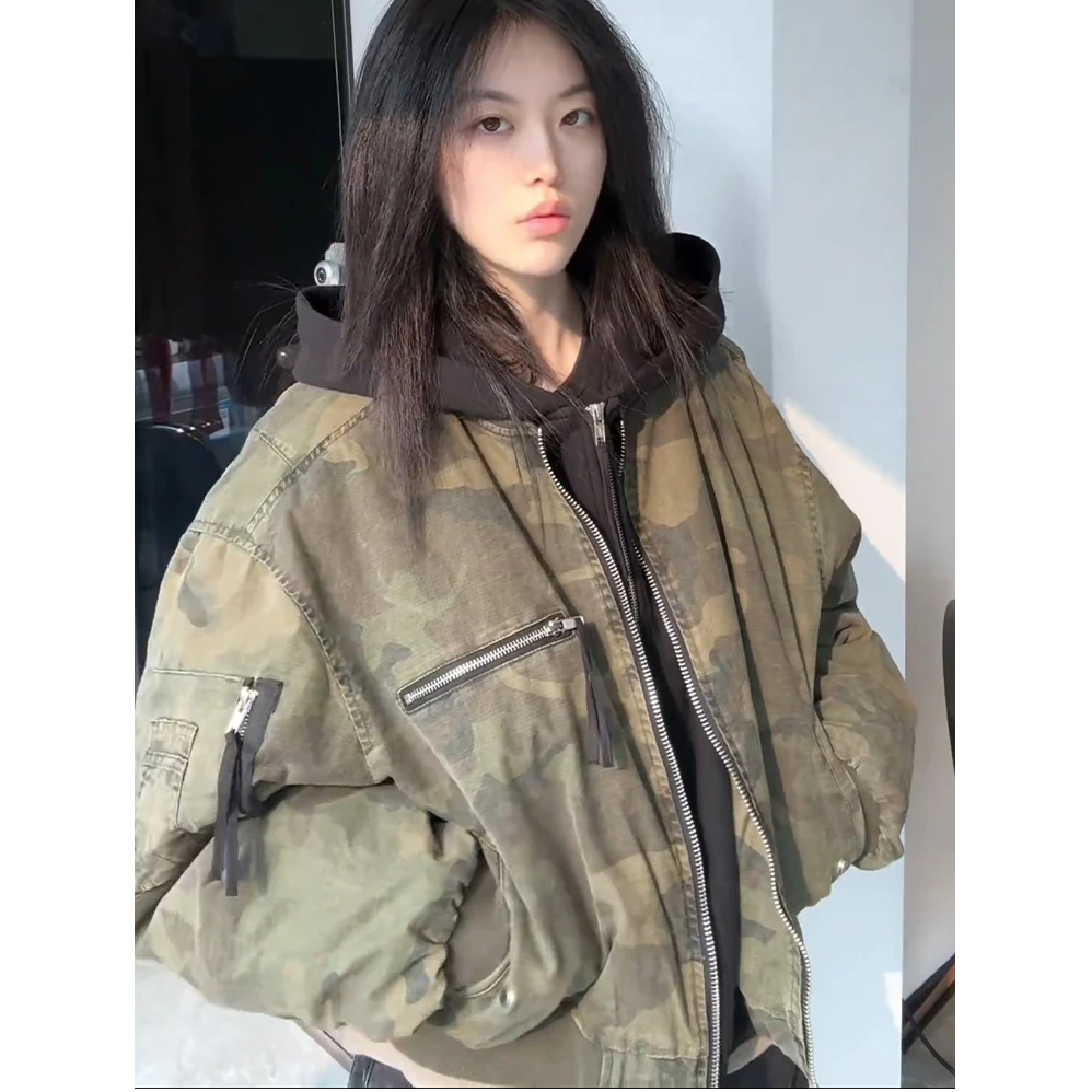 美式复古假两件迷彩外套男秋冬季bomber廓形高级感加厚飞行员夹克