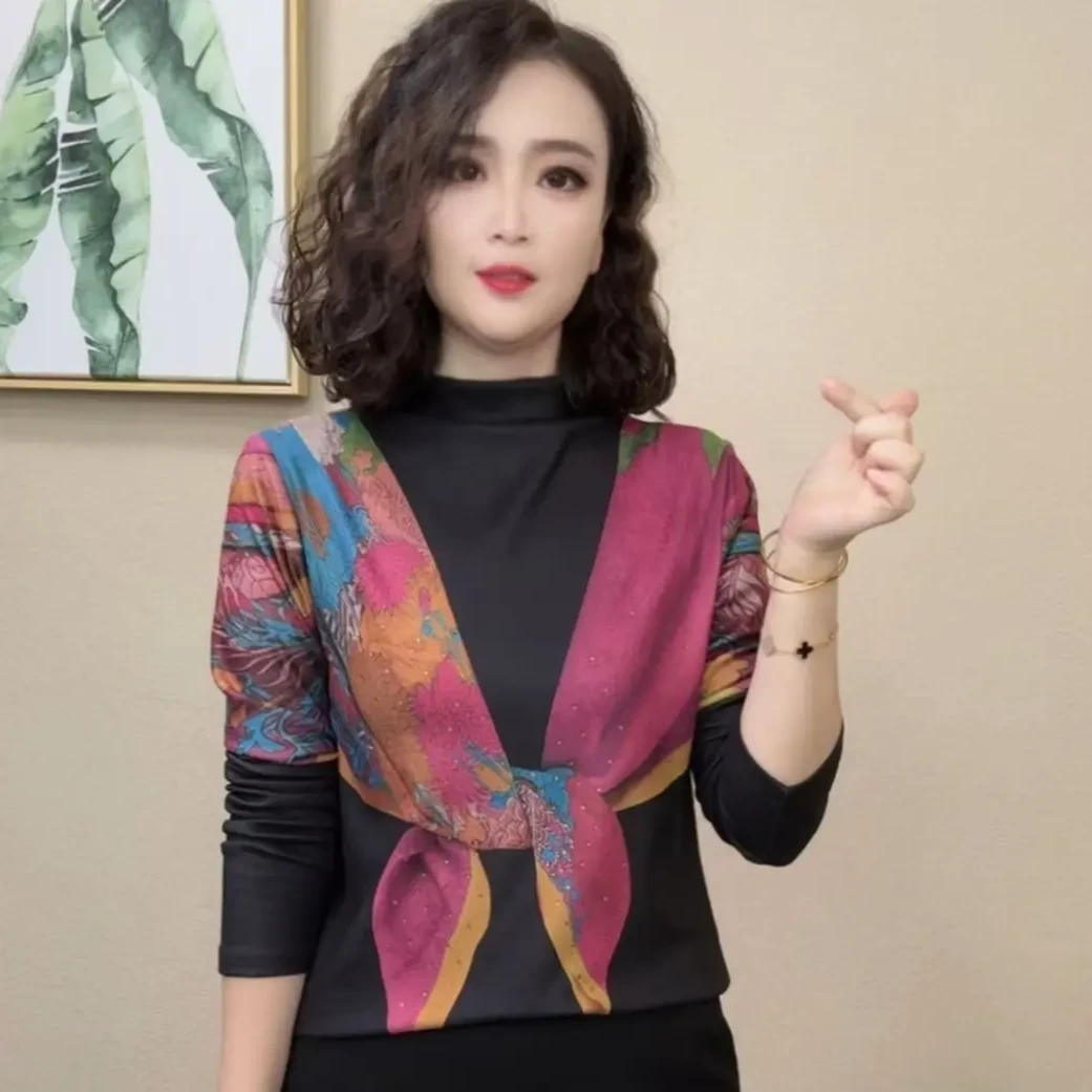 2025秋季女士拼色印花半高领洋气显瘦气质长袖修身打底衫#162