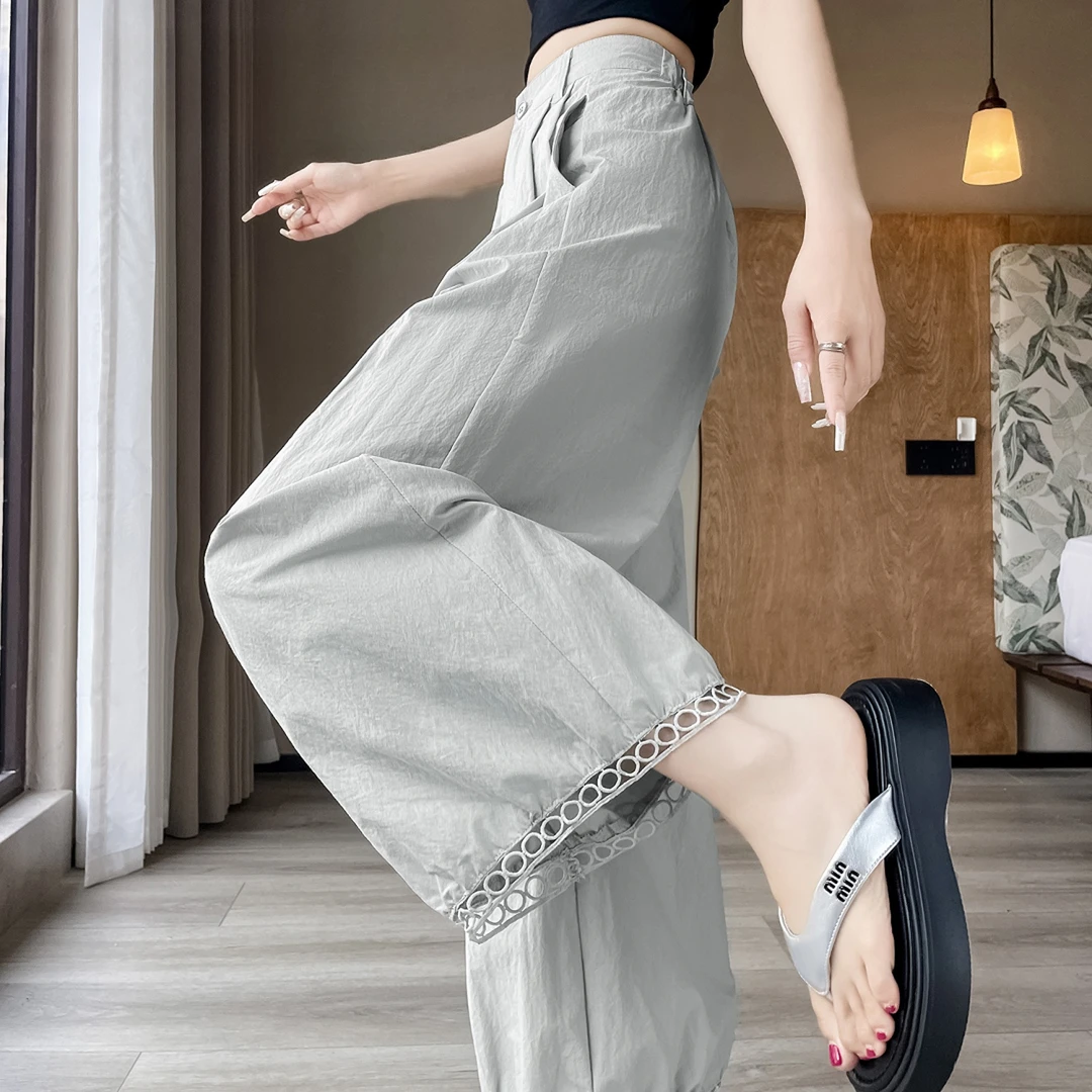 SM潮流蕾丝花边勾花阔腿九分裤女新款宽松薄款小个子时尚休闲裤